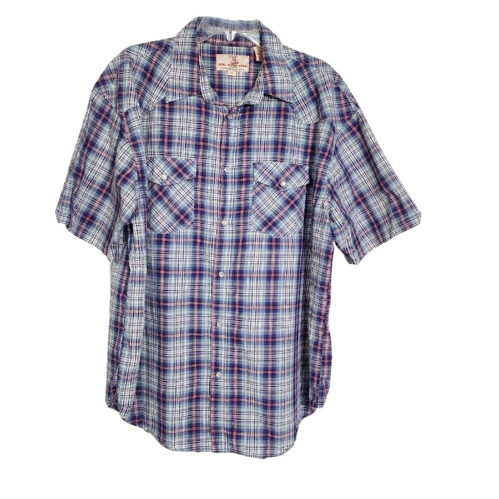 Real Work Wear Men Shirt Size XL Pearl Snap Green Blue Plaid Short Sleeve Pocket